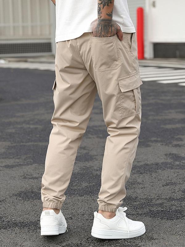 Men's Regular Fit Solid Pocket Drawstring Waist Cargo Pants, Casual Streetwear Trousers for Summer, Fashion Men's Bottoms for Daily Wear