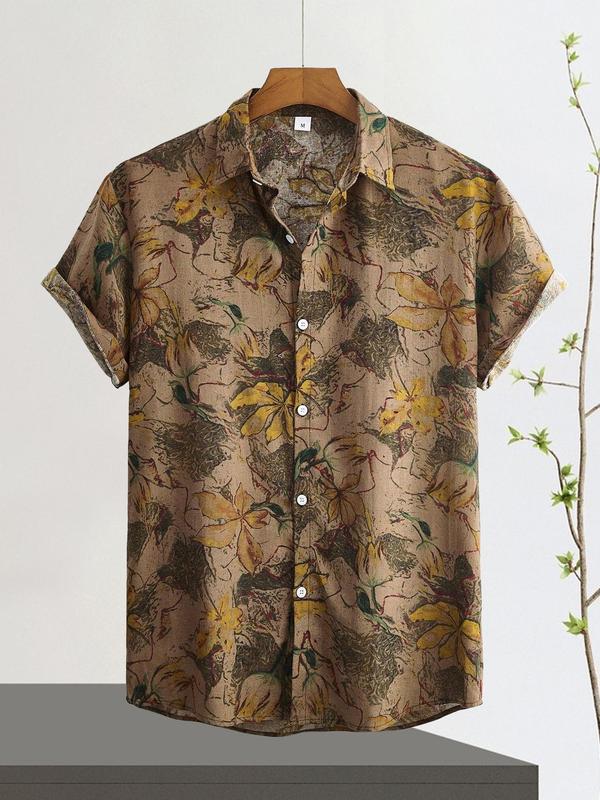 Men's Floral Print Button Front Shirt, Summer Outfits 2024, Loose Boho Casual Short Sleeve Collar Top for Summer, Streetwear, Shirts for Men, Men's Clothes for Beach Vacation