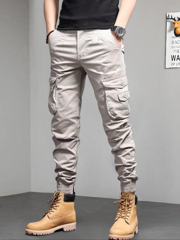 Men's Solid Pocket Cargo Pants, Loose Casual Drawstring Waist Trousers for Men, Woven Bottoms for All Seasons