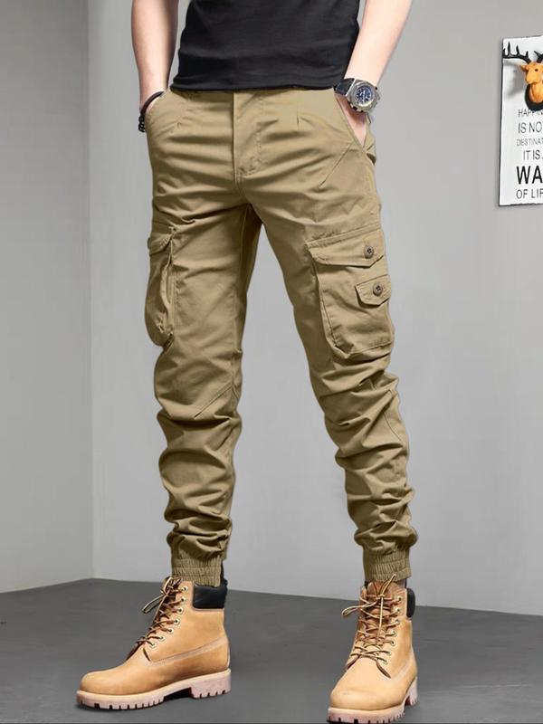 Men's Solid Pocket Cargo Pants, Loose Casual Drawstring Waist Trousers for Men, Woven Bottoms for All Seasons