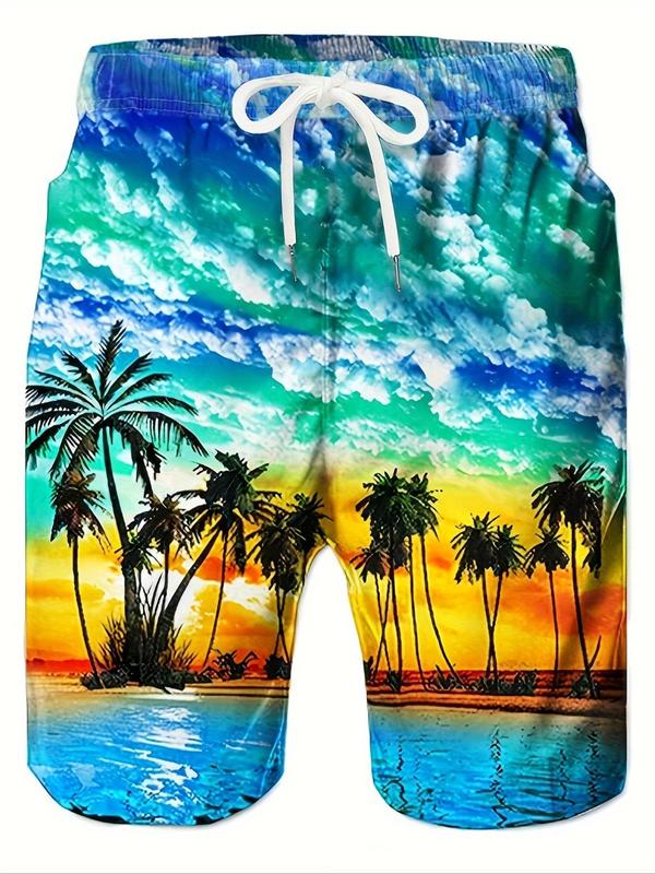 Men's Regular Fit Landscape Print Drawstring Waist Shorts, Casual Pocket Beach Shorts for Daily Wear, Summer Bottoms for Men