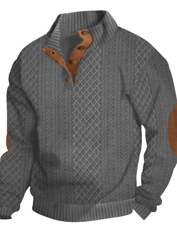 Men's Patchwork Jacquard Button Front Sweatshirt, Regular Fit Casual Long Sleeve Stand Collar Pullover for Fall & Winter, Men's Clothes for Daily Wear