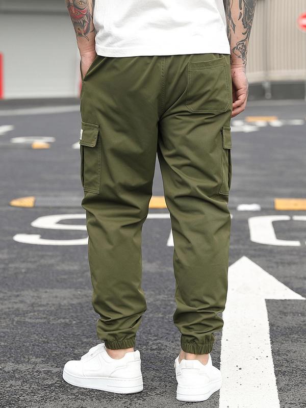 Men's Regular Fit Solid Pocket Drawstring Waist Cargo Pants, Casual Streetwear Trousers for Summer, Fashion Men's Bottoms for Daily Wear