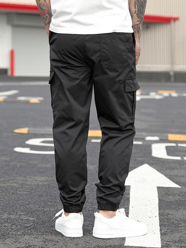 Men's Regular Fit Solid Pocket Drawstring Waist Cargo Pants, Casual Streetwear Trousers for Summer, Fashion Men's Bottoms for Daily Wear