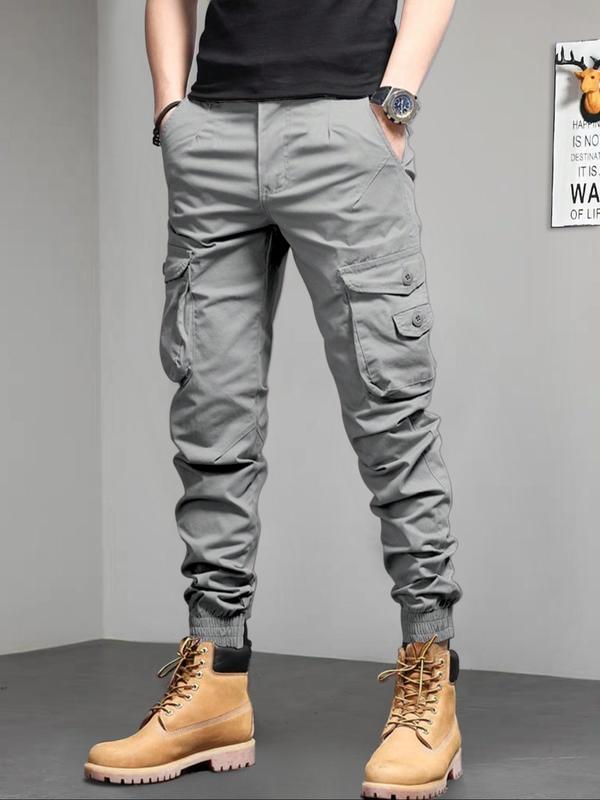 Men's Solid Pocket Cargo Pants, Loose Casual Drawstring Waist Trousers for Men, Woven Bottoms for All Seasons