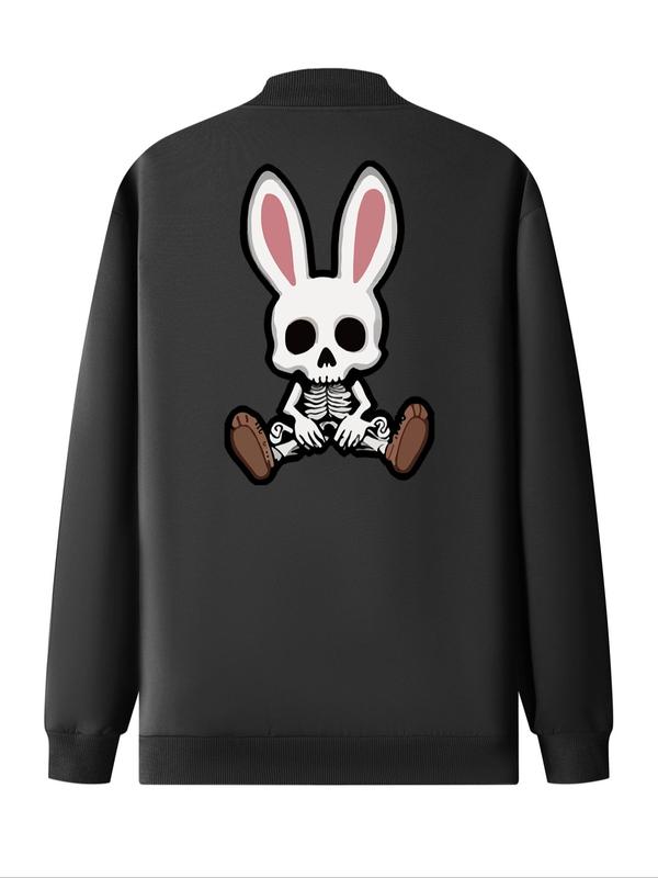 Men's Rabbit Print Zip Up Baseball Collar Jacket, Casual Long Sleeve Pocket Outerwear for Daily Wear, Fashion Men's Clothes for All Seasons