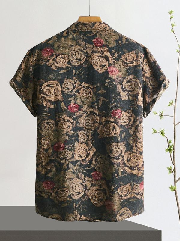 Men's Floral Print Button Front Shirt, Summer Outfits 2024, Loose Boho Casual Short Sleeve Collar Top for Summer, Streetwear, Shirts for Men, Men's Clothes for Beach Vacation