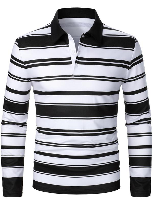 Men's Striped Print Polo Shirt, Regular Fit Casual Long Sleeve Button Front Top for Fall & Winter, Men's Clothes for Daily Wear