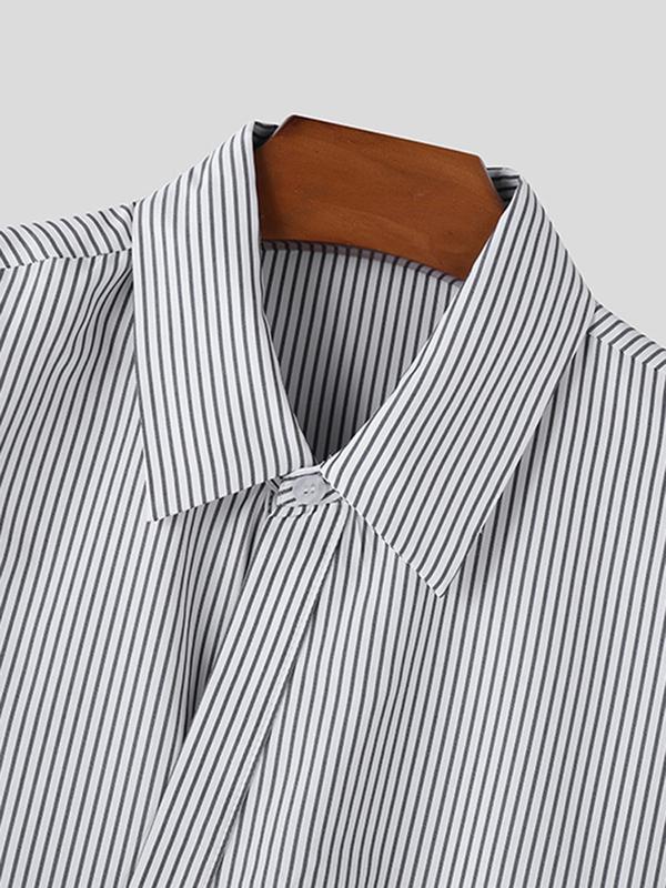 Men's Striped Print Button Asymmetrical Shirt, Loose Casual Drop Shoulder Long Sleeve Collared Top for Daily Wear, Men's Clothes for All Seasons