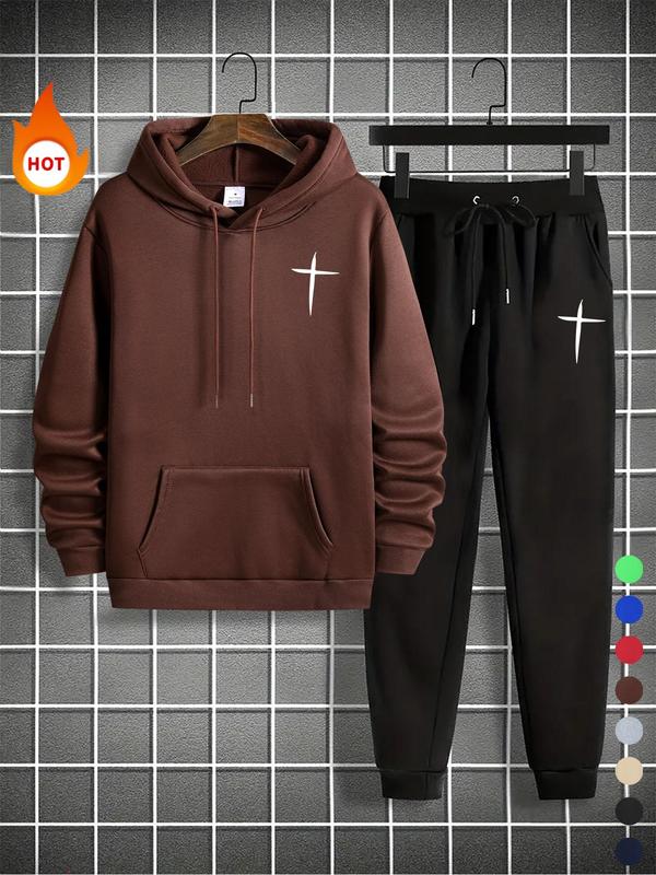 Men's Cross Print Sweatshirt & Drawstring Waist Sweatpants Set, Casual Long Sleeve Hoodie & Pocket Jogger Pants, Men's Fall & Winter Clothes