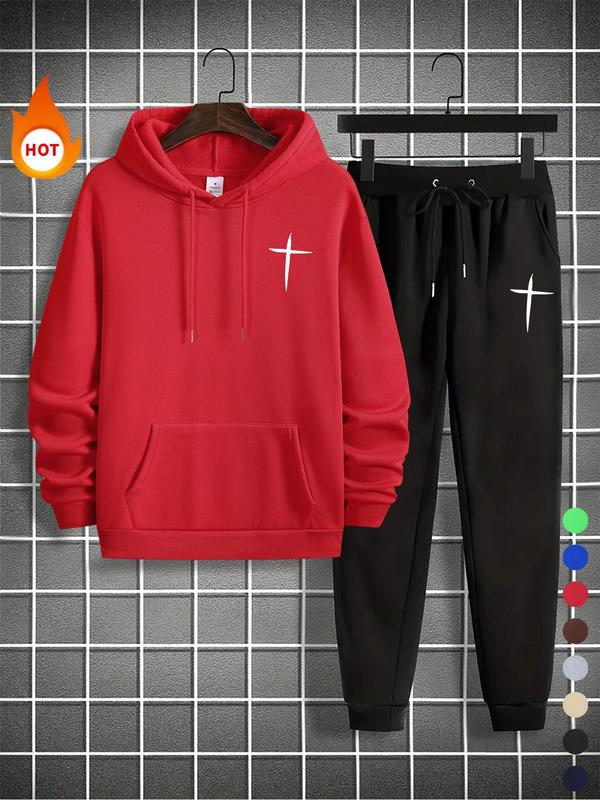 Men's Cross Print Sweatshirt & Drawstring Waist Sweatpants Set, Casual Long Sleeve Hoodie & Pocket Jogger Pants, Men's Fall & Winter Clothes