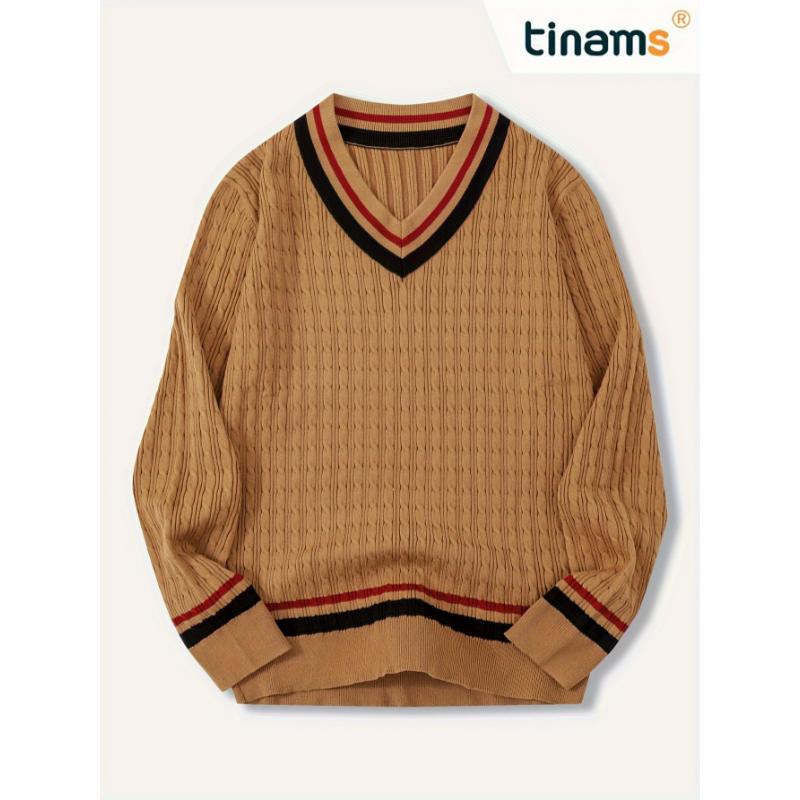 Men's Knitted V-Neck Pullover Sweater - Casual Warm Fall Winter Varsity Style