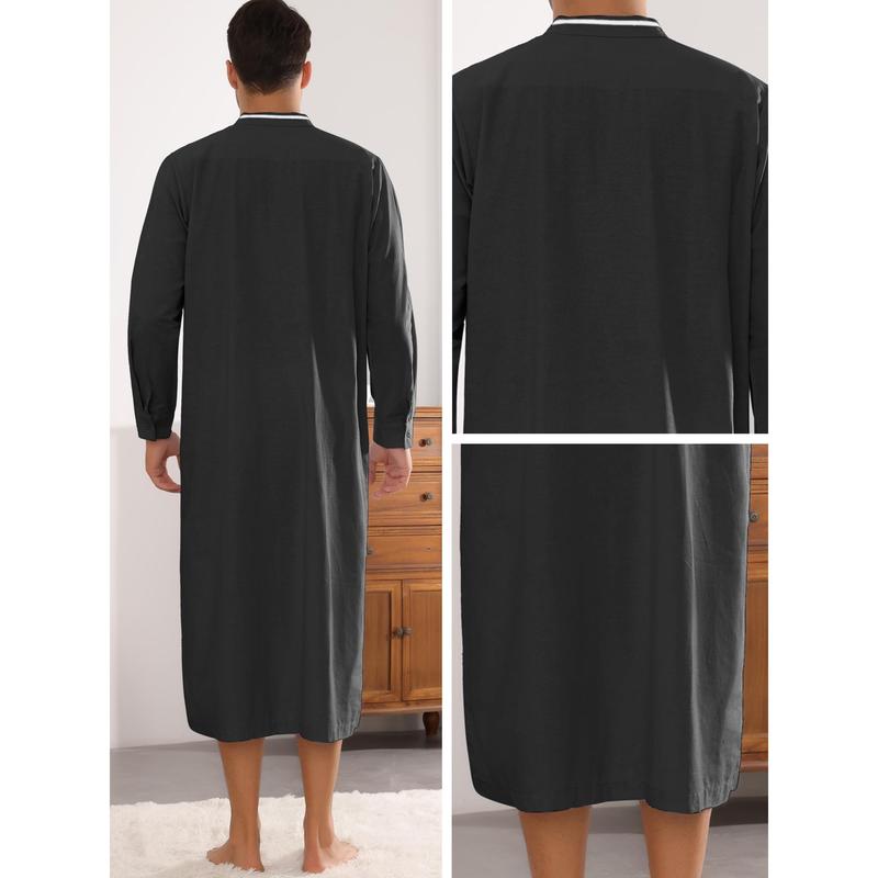 Lars Amadeus Nightgown for Men's Contrast Color Stand Collar Long Sleeves Button Closure Nightshirts Black