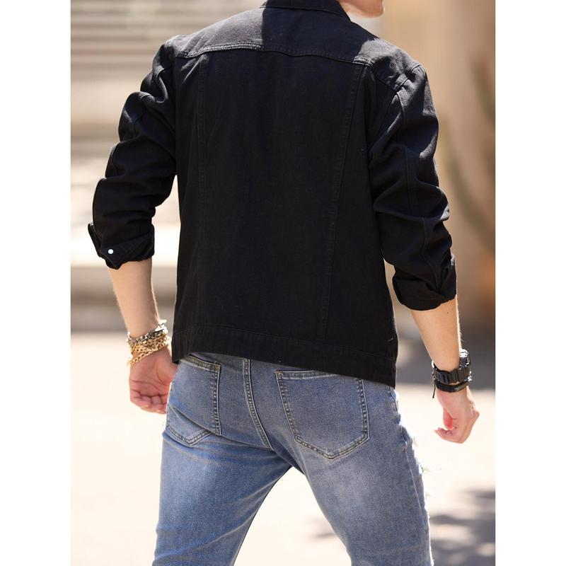 Men's Denim Jacket Streetwear Solid Slim Ripped Distressed  Male Casual Coat Menswear Tops  Long Sleeve Beige Plain  Collared Collar Longsleeves