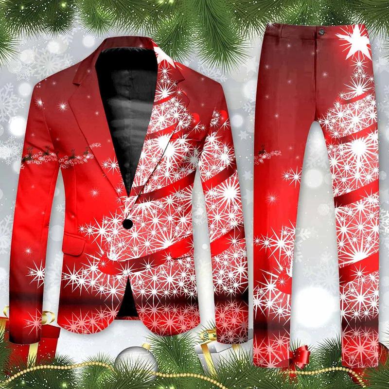 Blazer Men's Christmas 2 Piece Suit Set Snowflake Print Suit Jacket And Pants Set Slim Fit Xmas Party Wear Formal Suit For Men