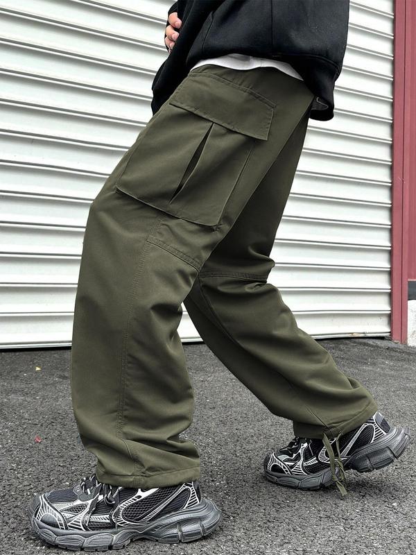 Men's Solid Flap Pocket Cargo Pants, Street Fashion Casual Loose Straight Leg Trousers for Daily Wear, Men's Bottoms for All Seasons