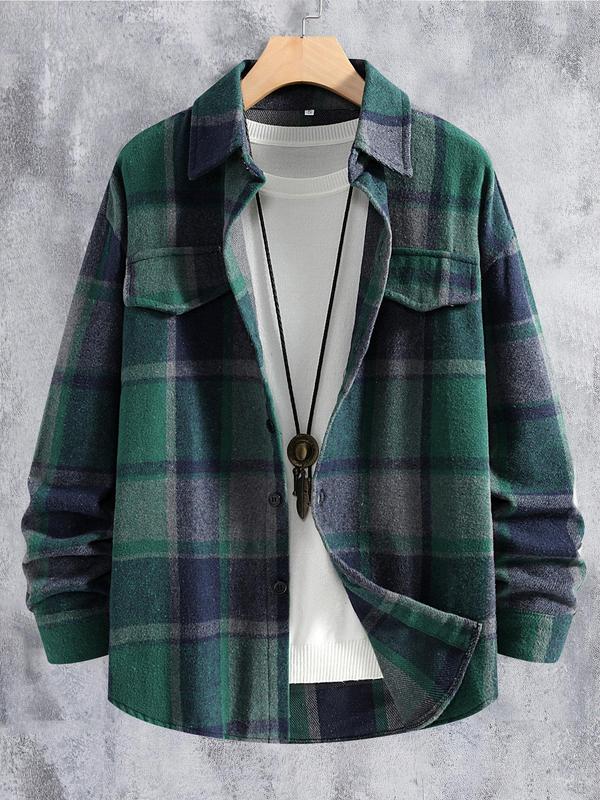 Men's Plaid Print Button Front Flap Detail Plicated Shirt Jacket, Loose Casual Drop Shoulder Long Sleeve Collared Outerwear for Daily Wear, Men's Clothes for All Seasons, Fall Outfits, Fallfreshness Clothes