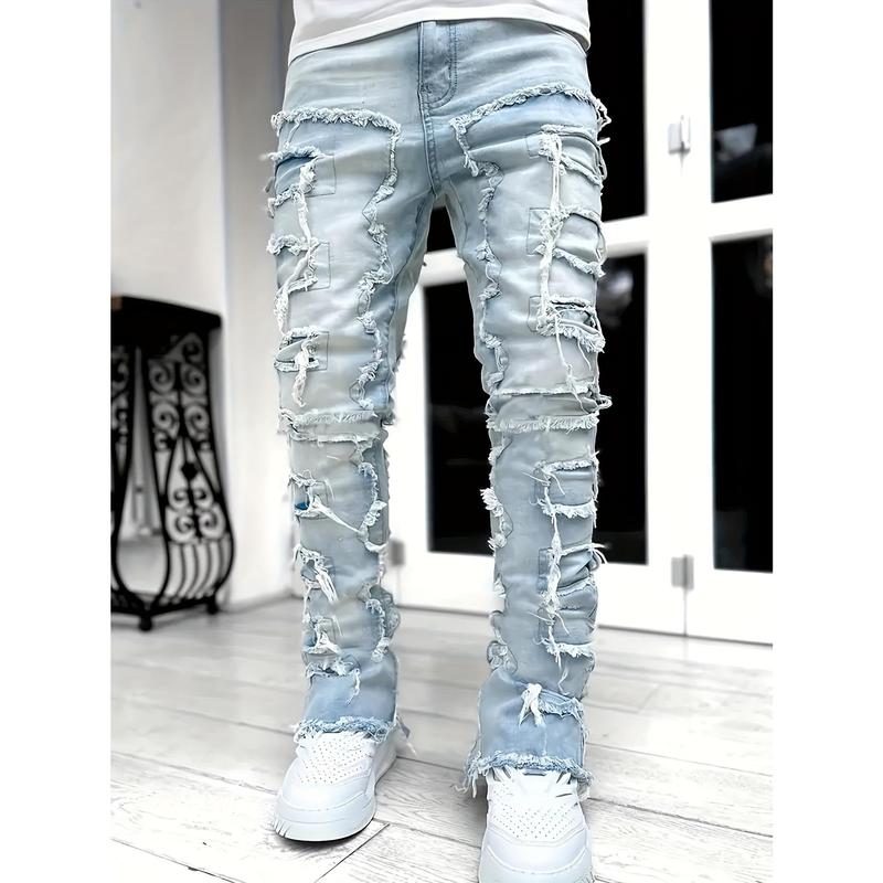 Y2g Hip Hop Style Raw Hem Jeans, Men's Casual Street Style Stretch Jeans