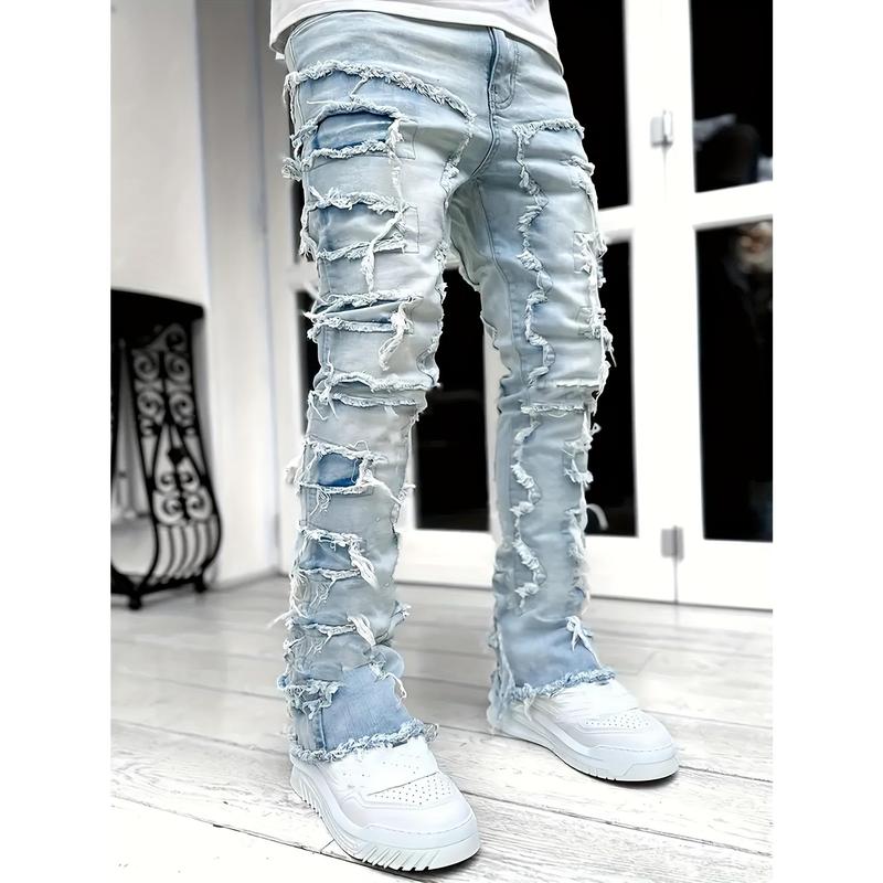 Y2g Hip Hop Style Raw Hem Jeans, Men's Casual Street Style Stretch Jeans