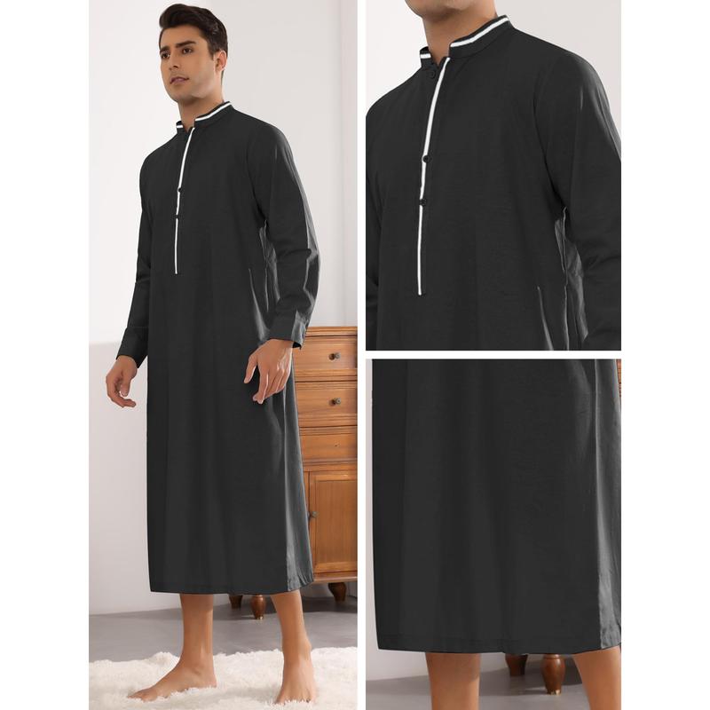 Lars Amadeus Nightgown for Men's Contrast Color Stand Collar Long Sleeves Button Closure Nightshirts Black