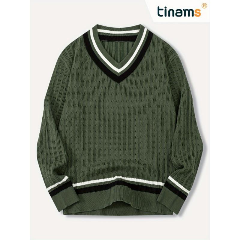 Men's Knitted V-Neck Pullover Sweater - Casual Warm Fall Winter Varsity Style