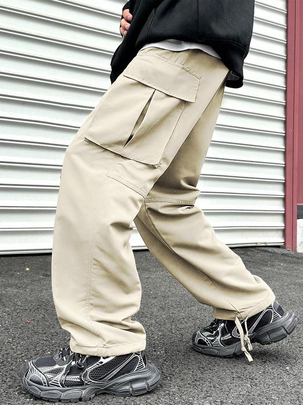 Men's Solid Flap Pocket Cargo Pants, Street Fashion Casual Loose Straight Leg Trousers for Daily Wear, Men's Bottoms for All Seasons