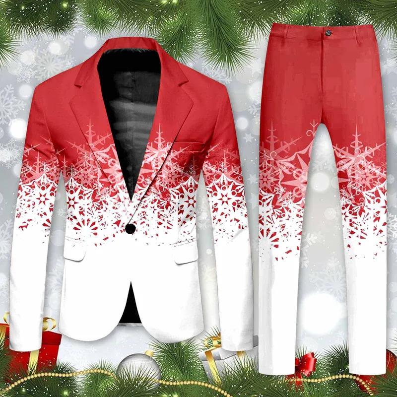 Blazer Men's Christmas 2 Piece Suit Set Snowflake Print Suit Jacket And Pants Set Slim Fit Xmas Party Wear Formal Suit For Men