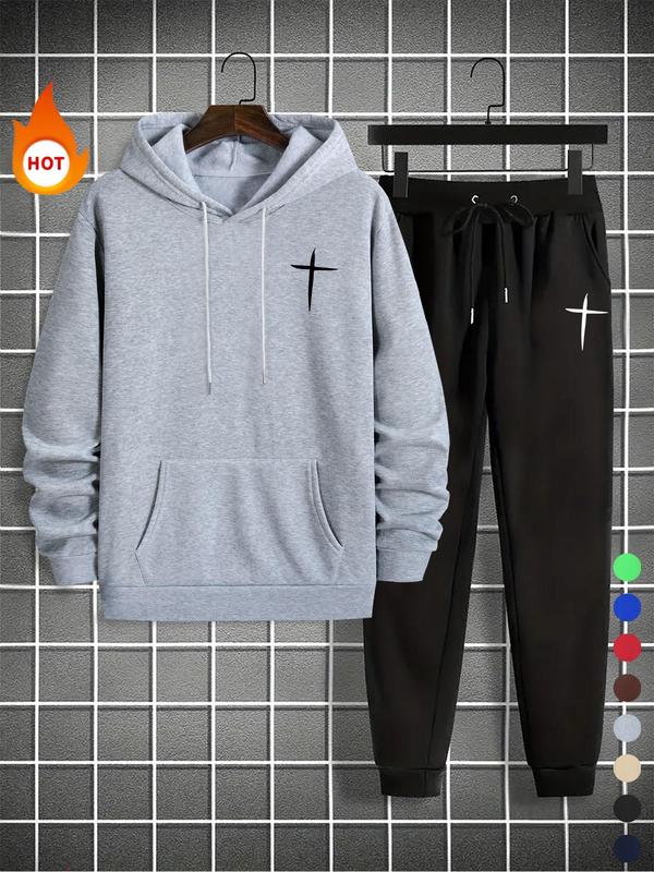 Men's Cross Print Sweatshirt & Drawstring Waist Sweatpants Set, Casual Long Sleeve Hoodie & Pocket Jogger Pants, Men's Fall & Winter Clothes