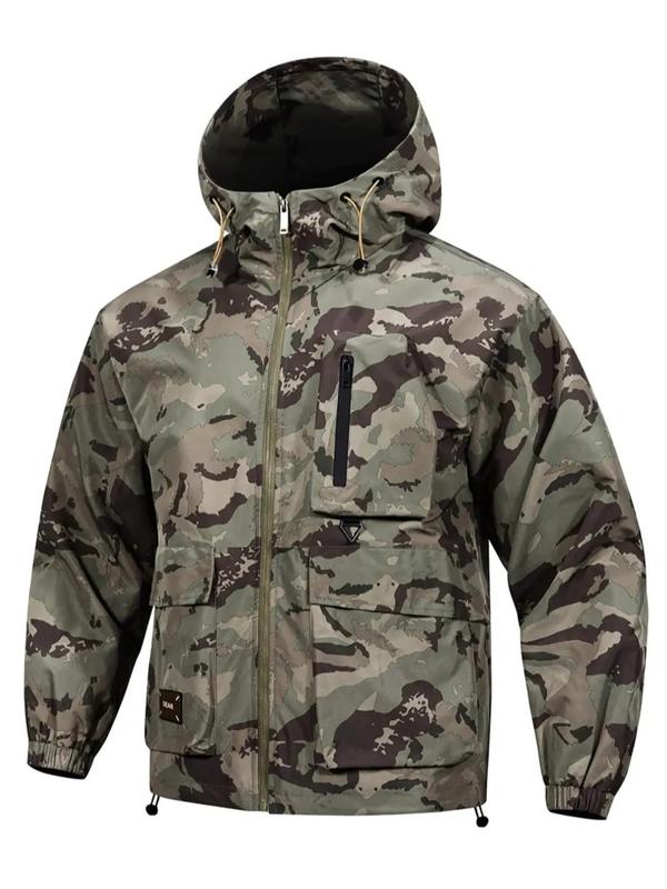 Men's Camo Print Zip Up Drawstring Hooded Jacket, Men's Tactical Jacket Clothing, Airport Outfits 2024, Regular Fit Casual Waterproof Long Sleeve Pocket Outerwear, Men's Fall & Winter Clothes