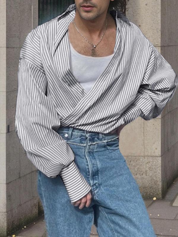 Men's Striped Print Button Asymmetrical Shirt, Loose Casual Drop Shoulder Long Sleeve Collared Top for Daily Wear, Men's Clothes for All Seasons