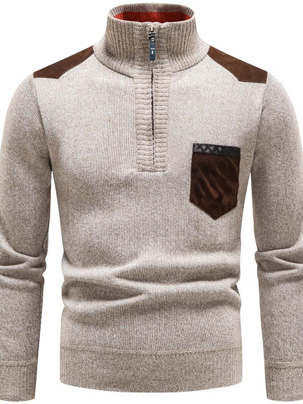 Men's Patchwork Zipper Pocket Half Placket Sweater, Regular Fit Casual Long Sleeve High Neck Jumper for Fall & Winter, Fashion Men's Knitwear for Daily Wear, Fall Clothes 2024