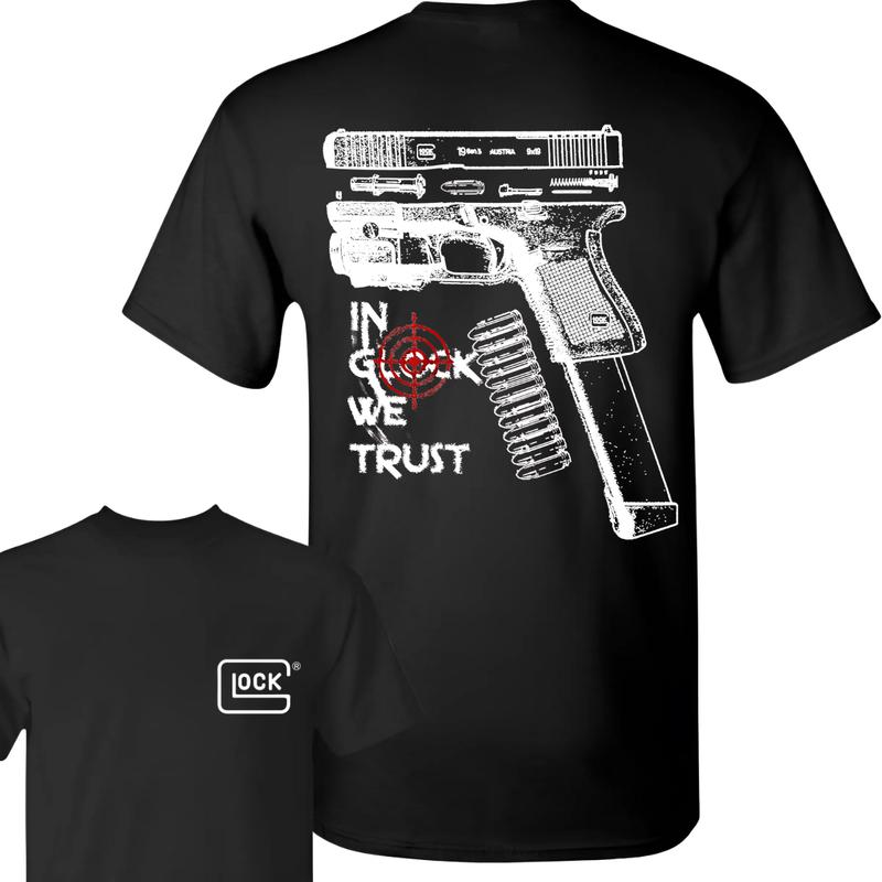 In Glock We Trust Standard size Black T-shirt with Multicolor Design for Men and Women - Classic Fit - Menswear