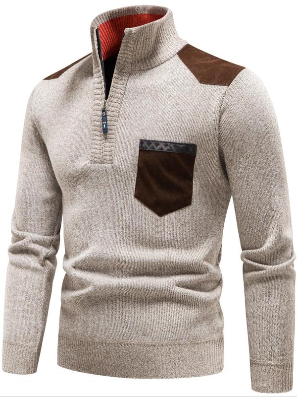 Men's Patchwork Zipper Pocket Half Placket Sweater, Regular Fit Casual Long Sleeve High Neck Jumper for Fall & Winter, Fashion Men's Knitwear for Daily Wear, Fall Clothes 2024