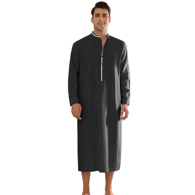 Lars Amadeus Nightgown for Men's Contrast Color Stand Collar Long Sleeves Button Closure Nightshirts Black