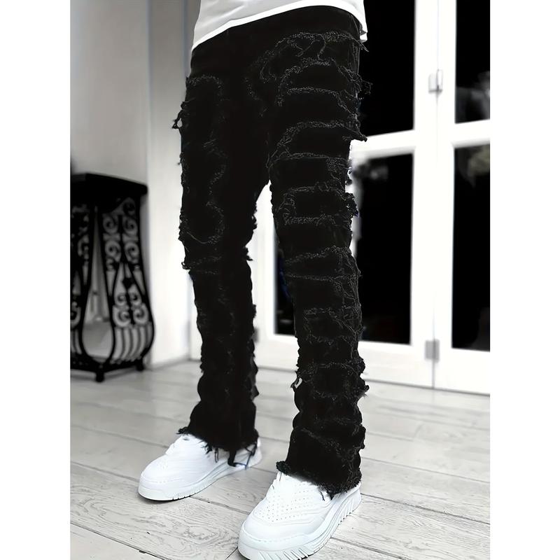 Y2g Hip Hop Style Raw Hem Jeans, Men's Casual Street Style Stretch Jeans