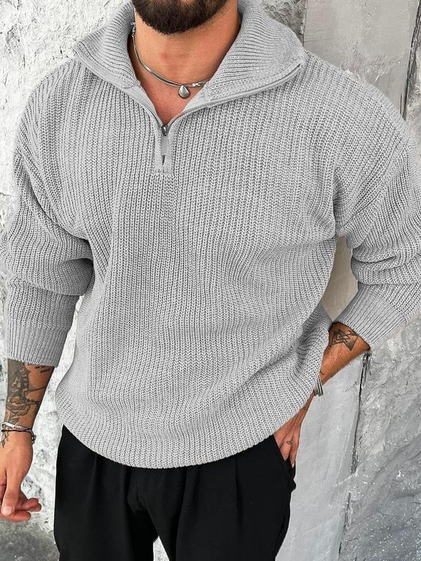 Men's Solid Half Zip Drop Shoulder Sweater, Regular Fit Casual Long Sleeve Stand Collar Jumper for Fall & Winter, Men's Knitwear for Daily Wear