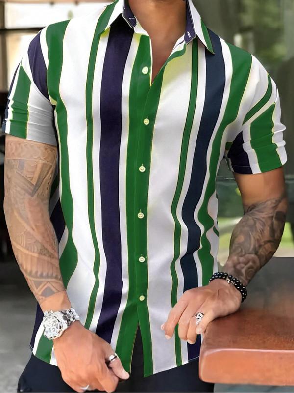 Men's Striped Print Button Front Shirt, Regular Fit Casual Short Sleeve Collared Top for Summer, Men's Clothes for Beach Vacation