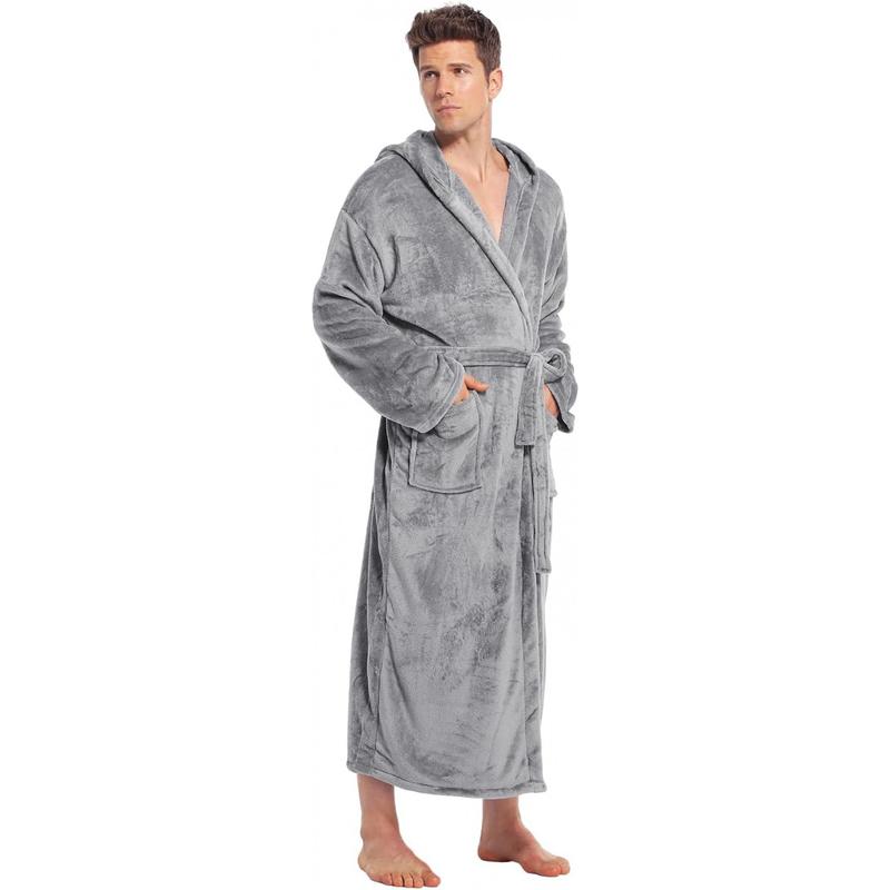 Mens Plush Fleece Robes Hooded Bathrobe Long Fluffy Bathrobes Warm Homewear Winter Spa Robe Soft Nightwear Menswear Loungewear Pajamas Paradise Long Sleeve Beige Plain