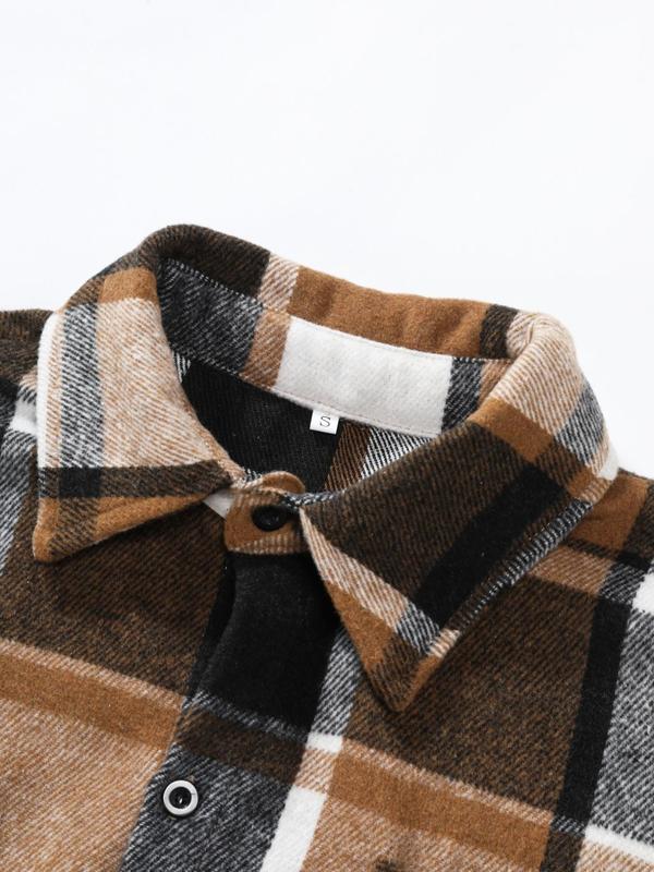 Men's Plaid Print Button Front Flap Detail Plicated Shirt Jacket, Loose Casual Drop Shoulder Long Sleeve Collared Outerwear for Daily Wear, Men's Clothes for All Seasons, Fall Outfits, Fallfreshness Clothes