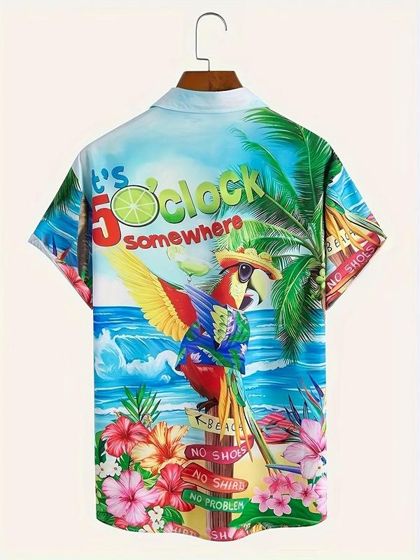 Men's Regular Fit Tropical & Bird Print Short Sleeve Graphic Shirt, Casual Button Front Pocket Collared Top for Beach Vacation, Fashion Men's Clothes for All Seasons