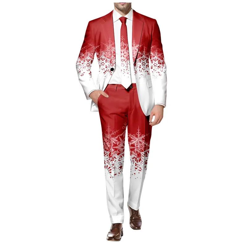 Blazer Men's Christmas 2 Piece Suit Set Snowflake Print Suit Jacket And Pants Set Slim Fit Xmas Party Wear Formal Suit For Men