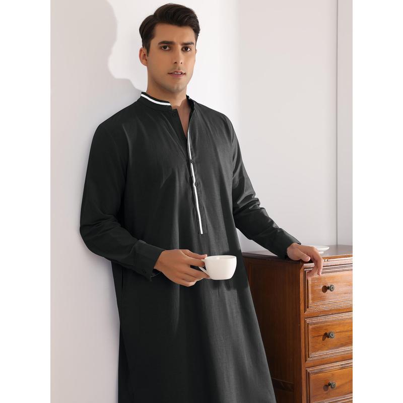 Lars Amadeus Nightgown for Men's Contrast Color Stand Collar Long Sleeves Button Closure Nightshirts Black