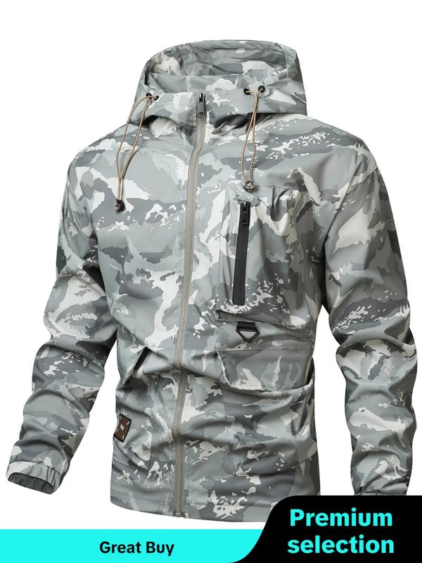 Men's Camo Print Zip Up Drawstring Hooded Jacket, Men's Tactical Jacket Clothing, Airport Outfits 2024, Regular Fit Casual Waterproof Long Sleeve Pocket Outerwear, Men's Fall & Winter Clothes