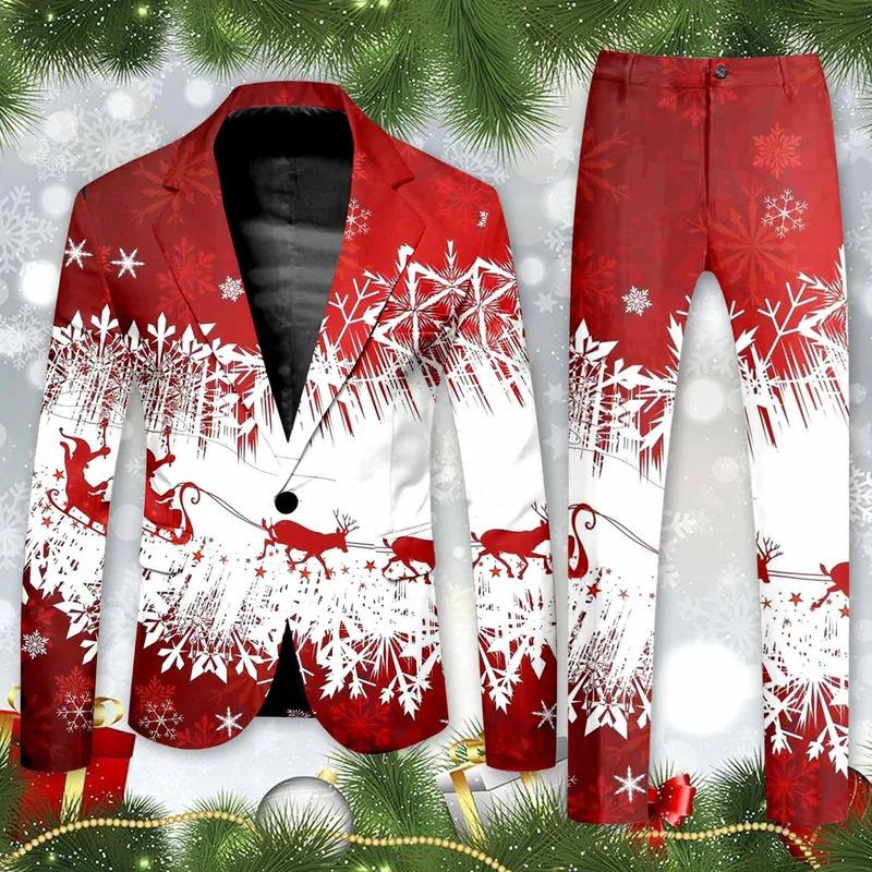 Blazer Men's Christmas 2 Piece Suit Set Snowflake Print Suit Jacket And Pants Set Slim Fit Xmas Party Wear Formal Suit For Men