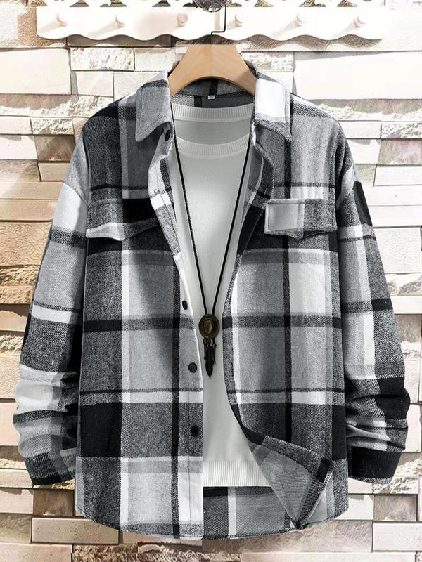 Men's Plaid Print Button Front Flap Detail Plicated Shirt Jacket, Loose Casual Drop Shoulder Long Sleeve Collared Outerwear for Daily Wear, Men's Clothes for All Seasons, Fall Outfits, Fallfreshness Clothes