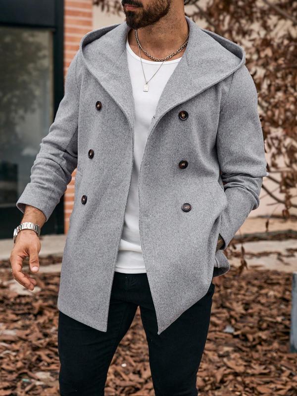 Men's Solid Double Button Pocket Hooded Woolen Coat, Regular Fit Casual Long Sleeve  Outerwear for Fall & Winter, Men's Clothes for Daily Wear