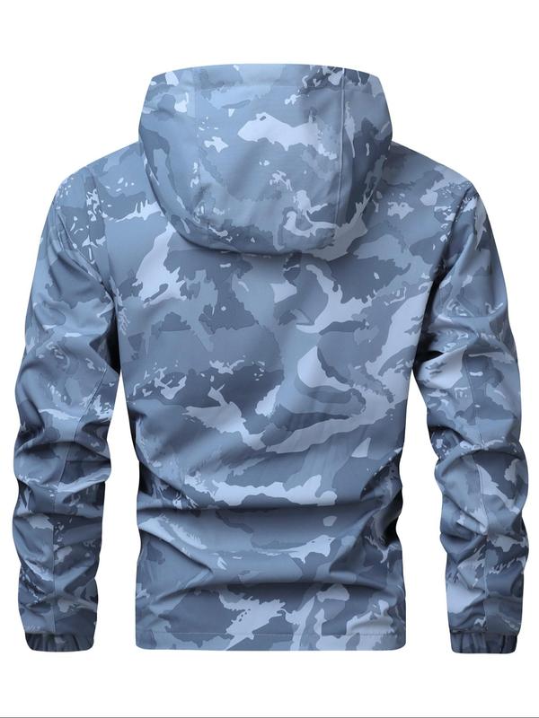 Men's Camo Print Zip Up Drawstring Hooded Jacket, Men's Tactical Jacket Clothing, Airport Outfits 2024, Regular Fit Casual Waterproof Long Sleeve Pocket Outerwear, Men's Fall & Winter Clothes