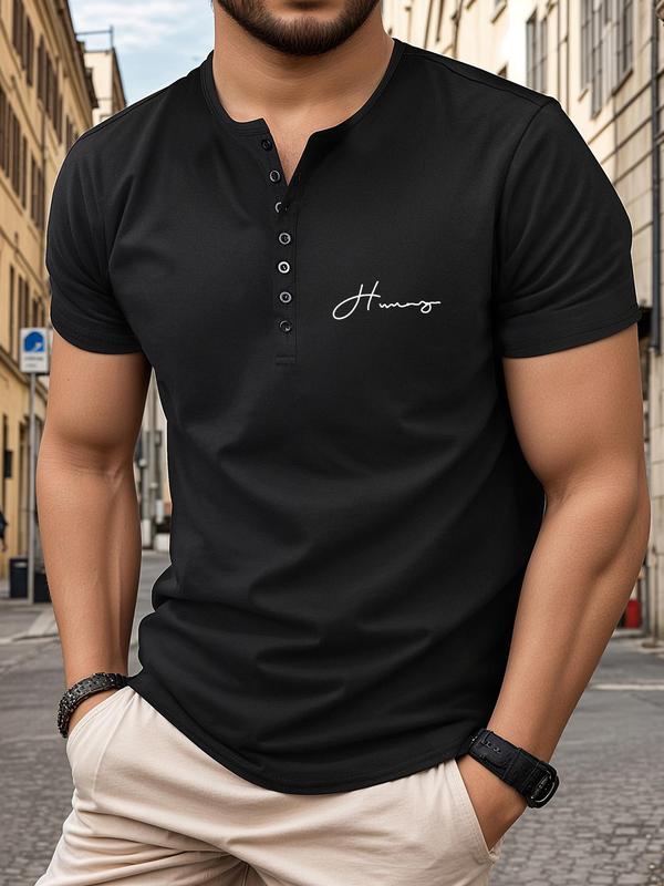 Men's Letter Print Half Button Front Tee, Casual Regular Fit Short Sleeve Collared T-shirt for Summer, Fashion Men's Clothes for Daily Wear