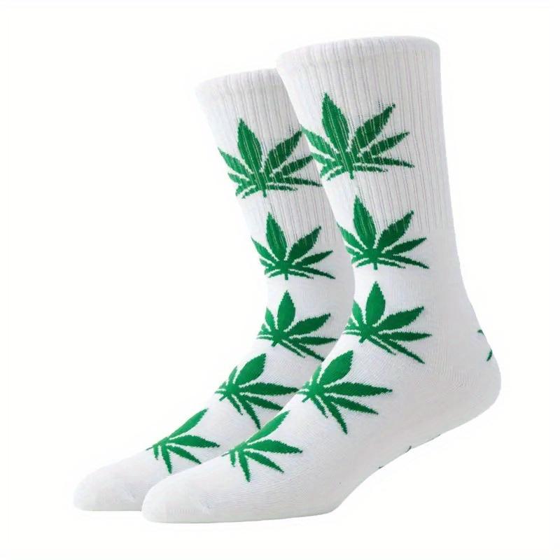 5 pairs of random Men's Trendy Leaf Pattern Crew Socks Breathable Cotton Blend Comfortable Casual Unisex Socks Outdoor Wear for All Seasons Underwear