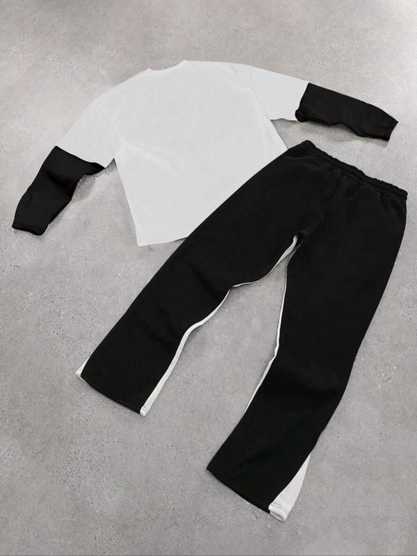 Two-piece Set Men's Colorblock Figure Graphic 2 in 1 Tee & Drawstring Waist Sweatpants Set, Regular Fit Casual Round Neck Long Sleeve Top & Jogger Pants, 2 Piece Set Men, Men's Fall & Winter Clothes